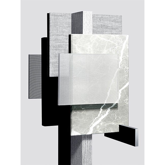 Abstract geometric composition with marble, wood, and textile textures in cool gray tones against a light gray background.