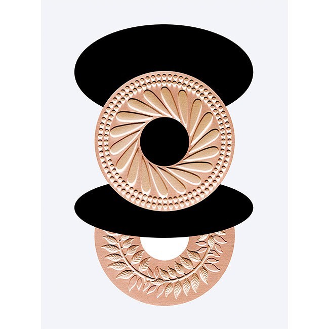 Geometric art featuring stacked ornate circles in light brown tones, intersected by contrasting black ellipses on a white backdrop.