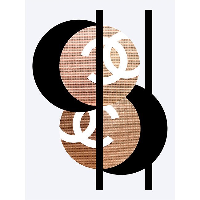 Abstract art featuring two intersecting tan circles with 'CC' logos bisected by a black vertical line with black semi-circles on a white background.