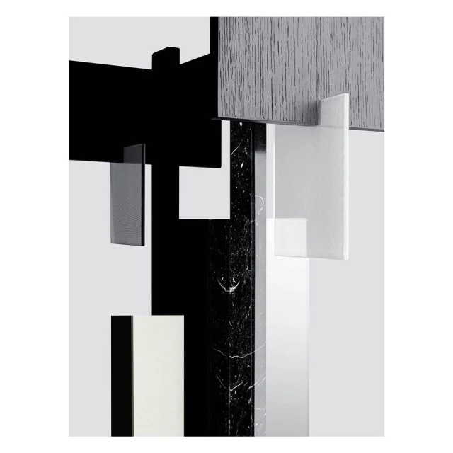 Abstract geometric composition featuring black, white, and gray rectangles and a marble column against a neutral background.
