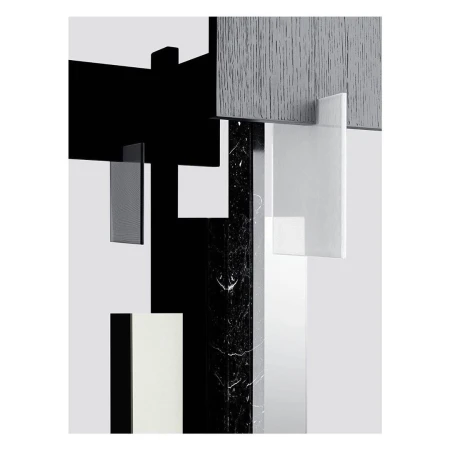 Abstract geometric composition featuring black, white, and gray rectangles and a marble column against a neutral background.