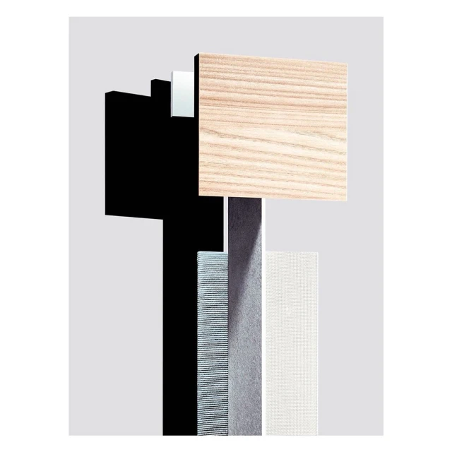 Abstract composition featuring rectangles of wood, black, grey, silver, and white against a soft grey background in vertical format.