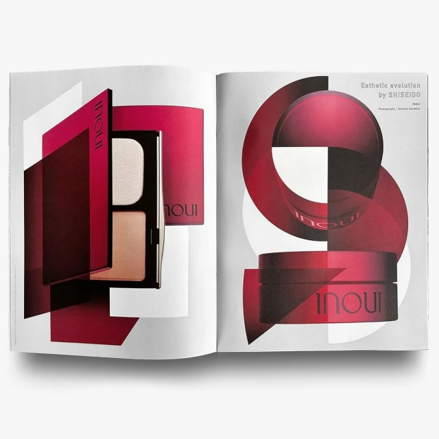 Open magazine spread featuring product shots of INOUI by SHISEIDO makeup, red and white geometric designs on a white background.