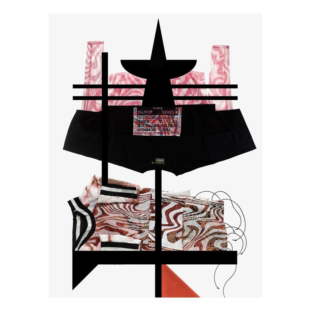Abstract fashion collage of black underwear, pink patterned textiles, black graphic shapes on white background; minimalist, geometric.