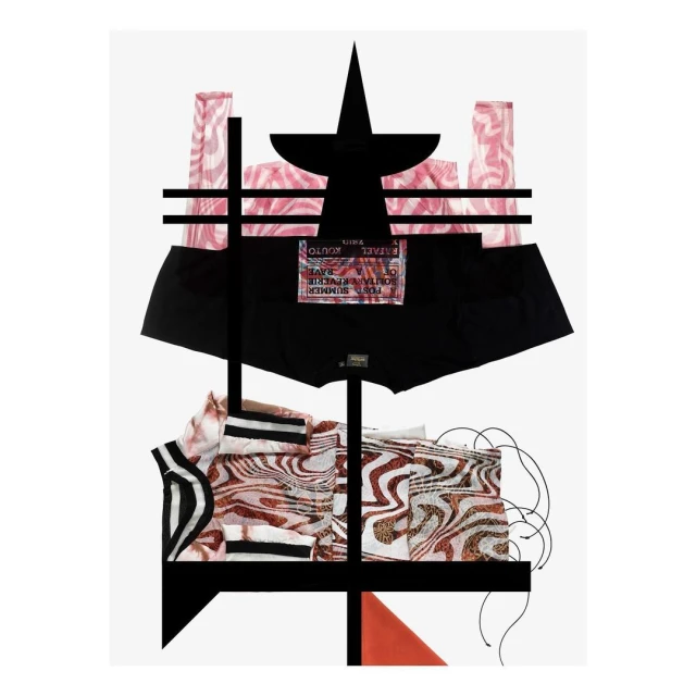 Abstract fashion collage of black underwear, pink patterned textiles, black graphic shapes on white background; minimalist, geometric.