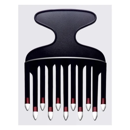 Studio shot of a black hair pick with red and white accents against a light grey background, showcasing a modern design and hair care tool.