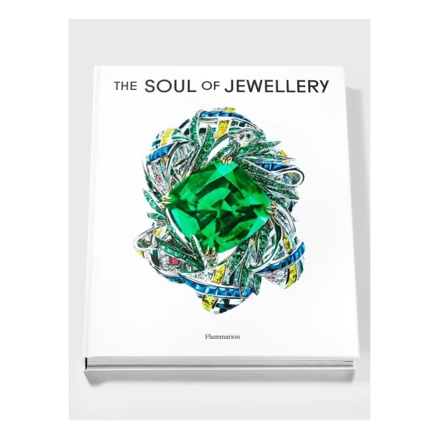 Jewellery book cover featuring an emerald gemstone ring surrounded by diamonds, sapphires, rubies, and gold on a white background.