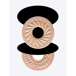 Abstract graphic composition featuring stacked bronze medallions and black oval shapes on white background