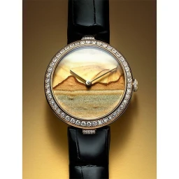 Close-up product shot of a luxury round wristwatch with a diamond bezel and a miniature landscape dial on a gold gradient background.