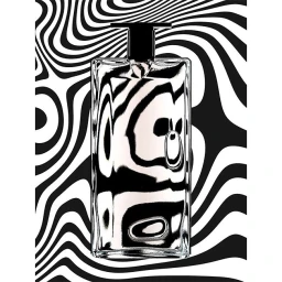 Rectangular glass perfume bottle against a black and white optical art swirl background by Simone Cavadini