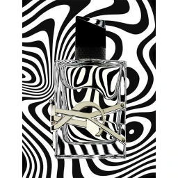A rectangular glass perfume bottle with a metallic logo against a high-contrast black and white optical wave pattern background.