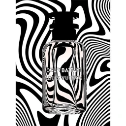 Monochrome product photograph of a Louis Vuitton perfume bottle against a wavy black and white background