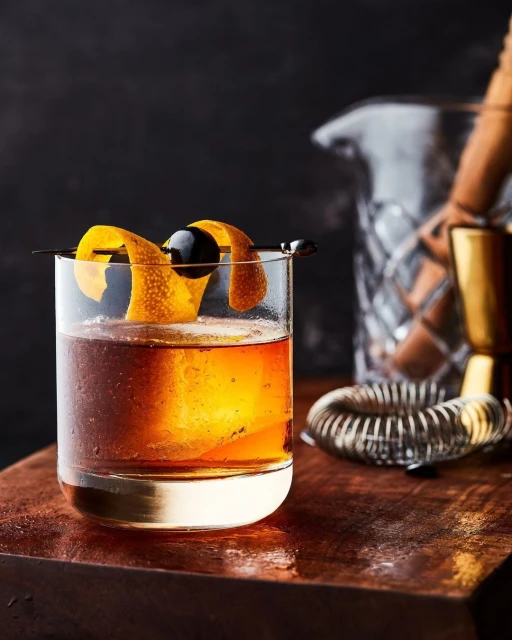 A cocktail in a glass with an orange peel garnish, set on a wooden surface, creating a visually appealing and inviting composition.