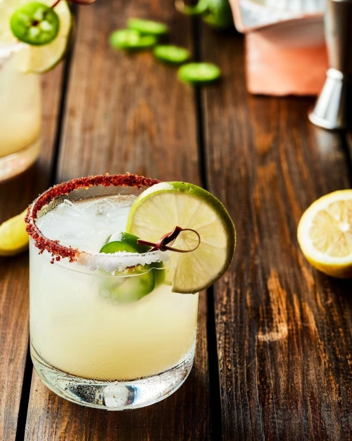A glass of spicy margarita with lime and jalapeño garnish stands on a wooden table, complemented by a lemon and bar tools in background.