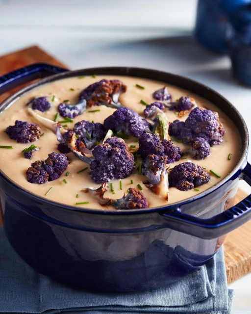 Overhead shot of vibrant purple cauliflower florets in creamy soup, presented in a dark blue pot on a rustic wooden board, offering a visually appealing food image.