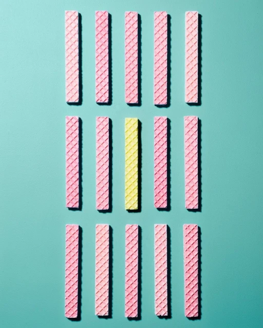 Overhead shot of arranged rows of pink and yellow wafer cookies on an aqua background, creating a simple geometric food pattern.