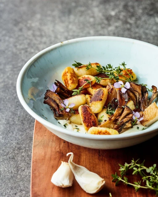 Close-up of gnocchi dish featuring pan-fried gnocchi with mushrooms, thyme sprigs, and garlic cloves on a rustic wooden board.