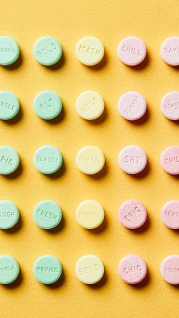 Overhead shot of pastel mint candies with positive affirmations on yellow background, arranged in grid-like rows and columns.