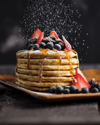 A tall stack of golden pancakes topped with berries and drizzled with syrup as powdered sugar falls from above.