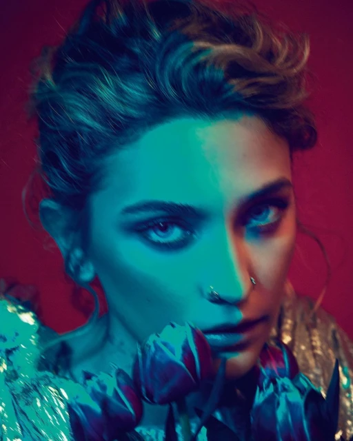 Close-up portrait of a woman with light skin, wearing a glittery top, holding tulips against a red background with teal and red lighting.