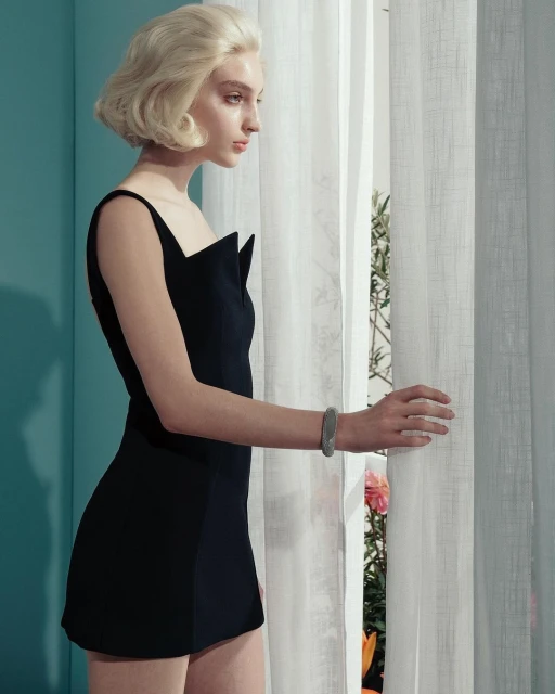 Elegant woman in a short black dress standing near a window with white curtains, looking away, in a fashion editorial setting.