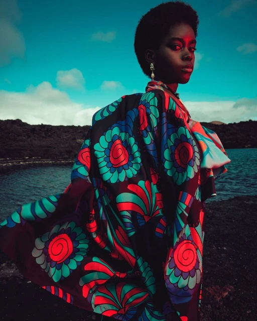A dark-skinned woman in vibrant floral coat poses outdoors with turquoise sky, body of water, and dark land in the background.
