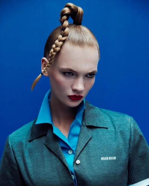 A woman with braided hair and red lipstick poses in front of a blue background, wearing a blue shirt and gray jacket with the Miu Miu logo.