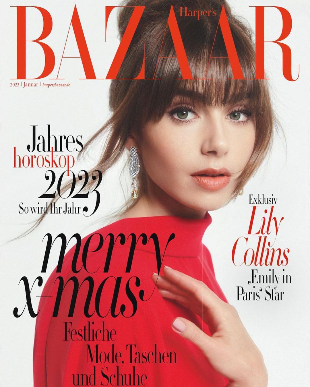 Magazine cover featuring Lily Collins with red top, set against a clean white backdrop, with 'Harper's Bazaar' title, plus holiday message.