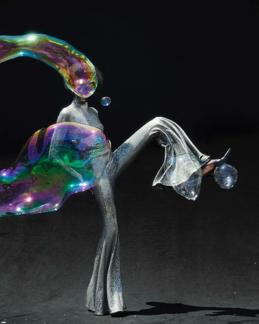 A person in silver glittery clothing stands with their leg raised amidst iridescent soap bubbles against a dark backdrop in a studio setting.