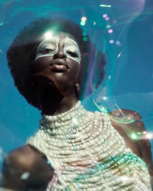 Glamorous portrait of a Black woman with Afro, silver face makeup, and pearl-covered top, posing under water with bubble effects and blue backdrop.