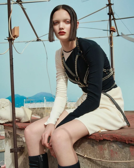 A fair-skinned woman with dark hair sits on a rooftop wearing a two-tone top, mini skirt and harness with a mountain background in soft daylight.