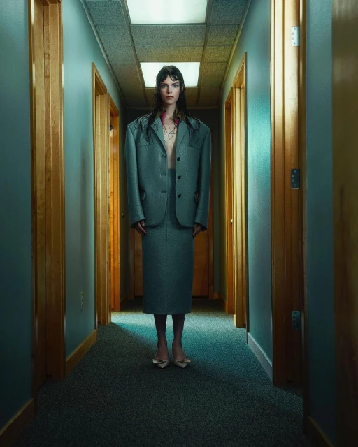 Stylish woman in oversized grey skirt suit stands in a hallway with wood doors and blue walls, creating a surreal fashion portrait.
