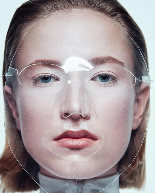 Close-up portrait of a young woman with light skin wearing a transparent face shield, shot in a photo studio against a white backdrop.