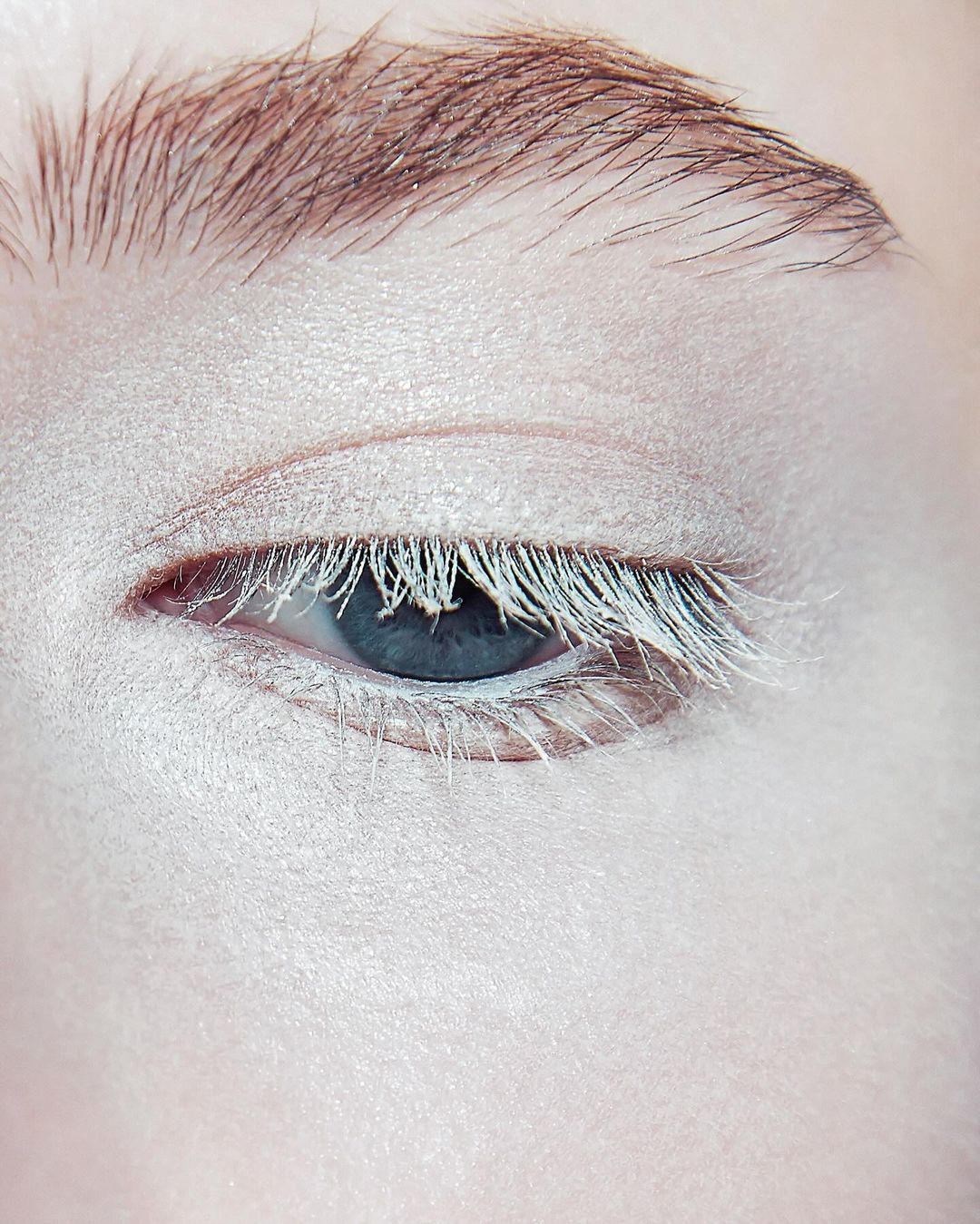 Close-up portrait of a woman's face with white eyelashes and makeup, emphasizing the eye and eyebrow in a beauty or fashion context.
