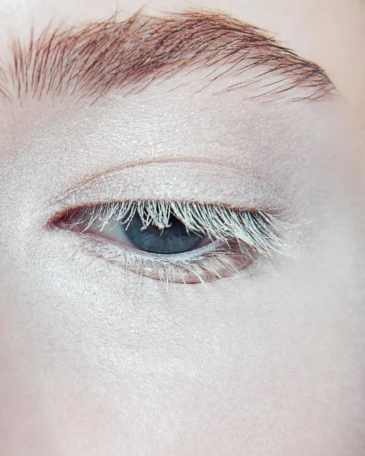 Close-up portrait of a woman's face with white eyelashes and makeup, emphasizing the eye and eyebrow in a beauty or fashion context.