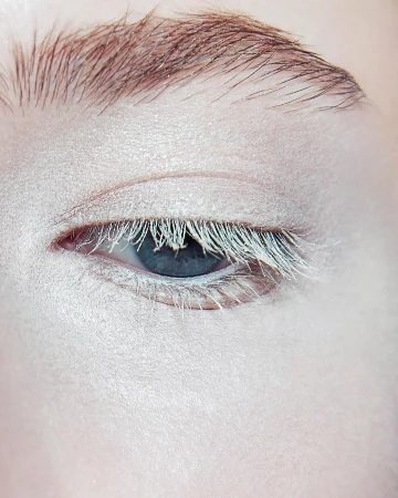Close-up portrait of a woman's face with white eyelashes and makeup, emphasizing the eye and eyebrow in a beauty or fashion context.