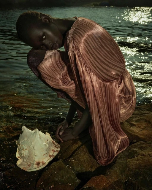 Woman in pleated rose gold dress poses crouching on rocks by water with seashell in a nighttime outdoor fashion photography.