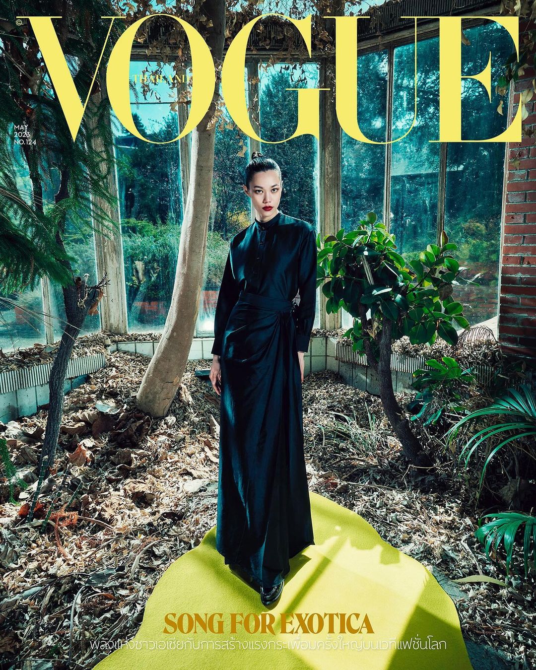 Vogue magazine cover featuring a model in a long dress, posing in a sunroom with lush greenery. The yellow Vogue masthead adds a bold touch.