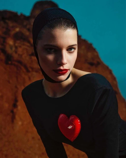A portrait shot of a model with dark hair and red lipstick wearing a black long-sleeve shirt featuring a red heart on the front.