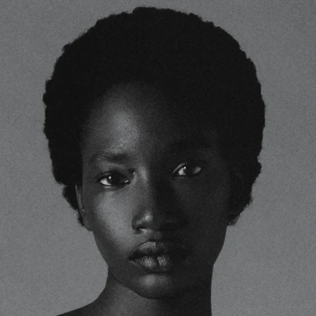 Close-up portrait of an African-American woman with dark hair, looking directly at the camera against a light gray background.