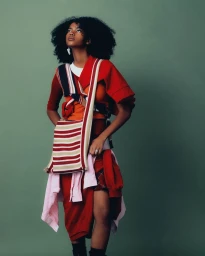 Woman with dark curly hair wearing layered red clothing and a striped cross-body bag against a green backdrop.