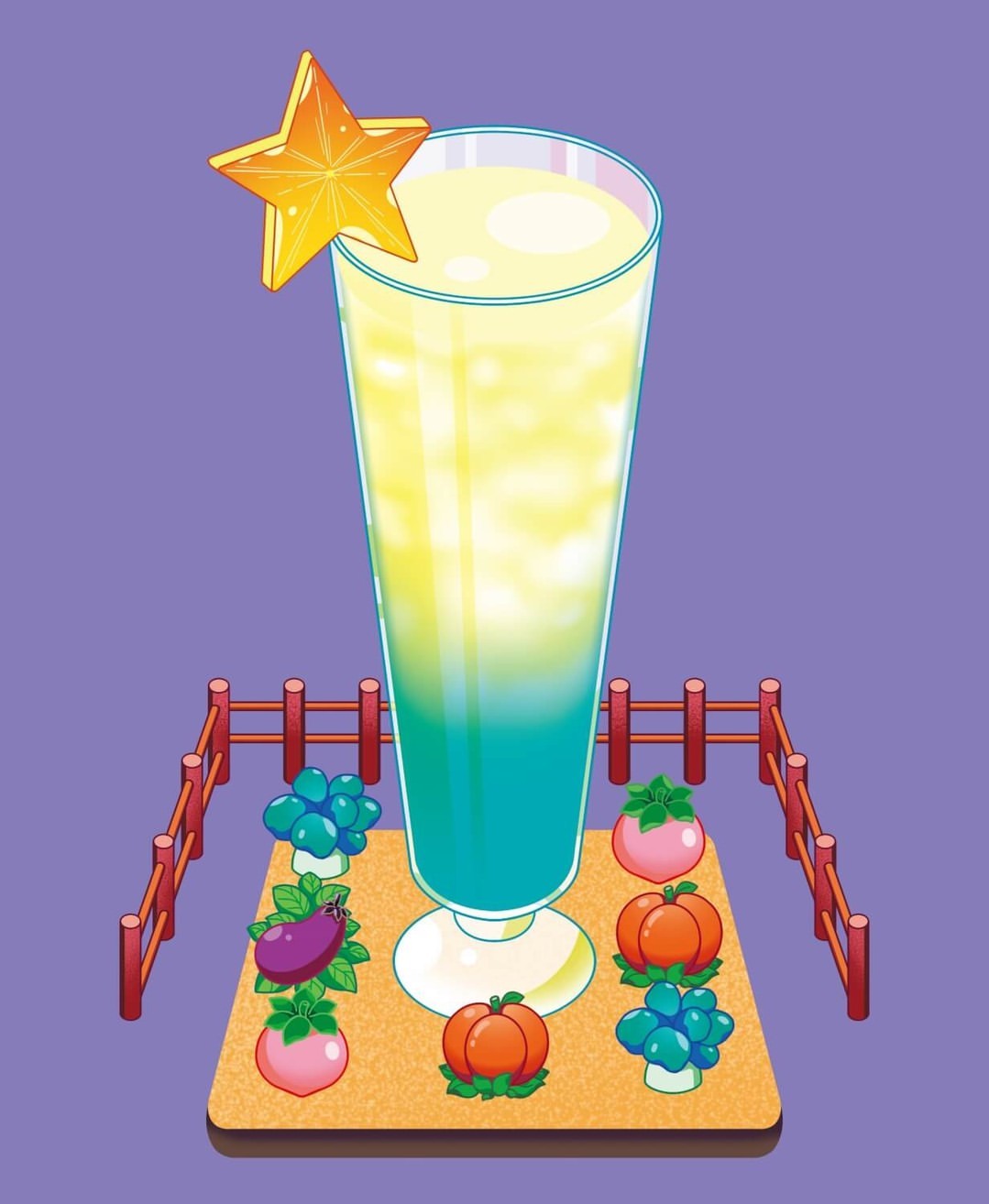 Illustration of a tall glass of a blue-yellow drink with a star garnish, set on a serving board among various cartoon vegetables.