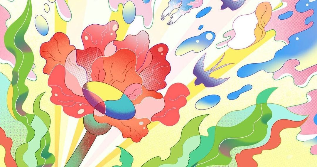 Vibrant illustration with a large red flower, stylized green leaves, and whimsical blue shapes against a bright yellow background.