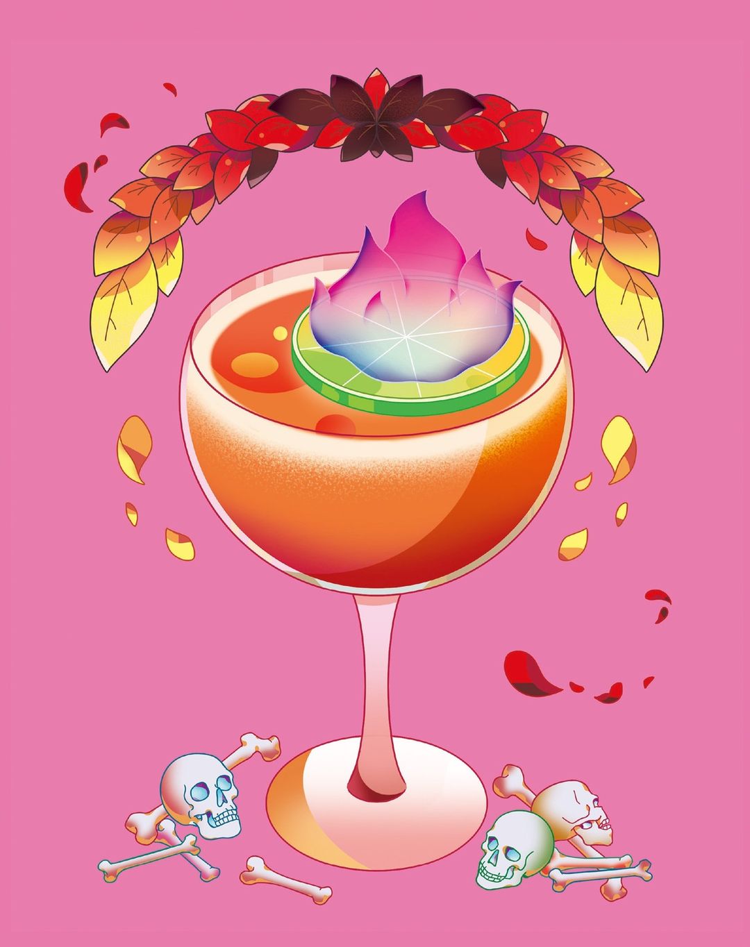 Illustration of a cocktail glass with a colorful flame garnish, lime slice, and skulls with bones on a pink background, surrounded by floral elements.