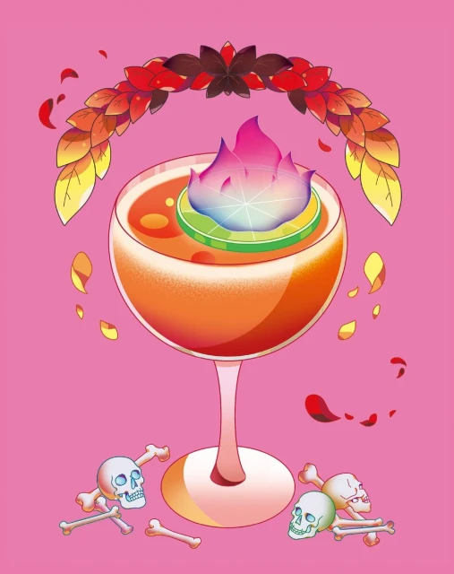 Illustration of a cocktail glass with a colorful flame garnish, lime slice, and skulls with bones on a pink background, surrounded by floral elements.