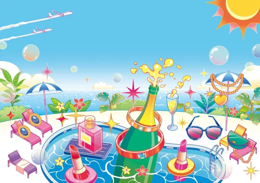 Whimsical vector illustration of a pool scene with champagne bottle, rings, beach chairs, beauty products, set against a beach backdrop.