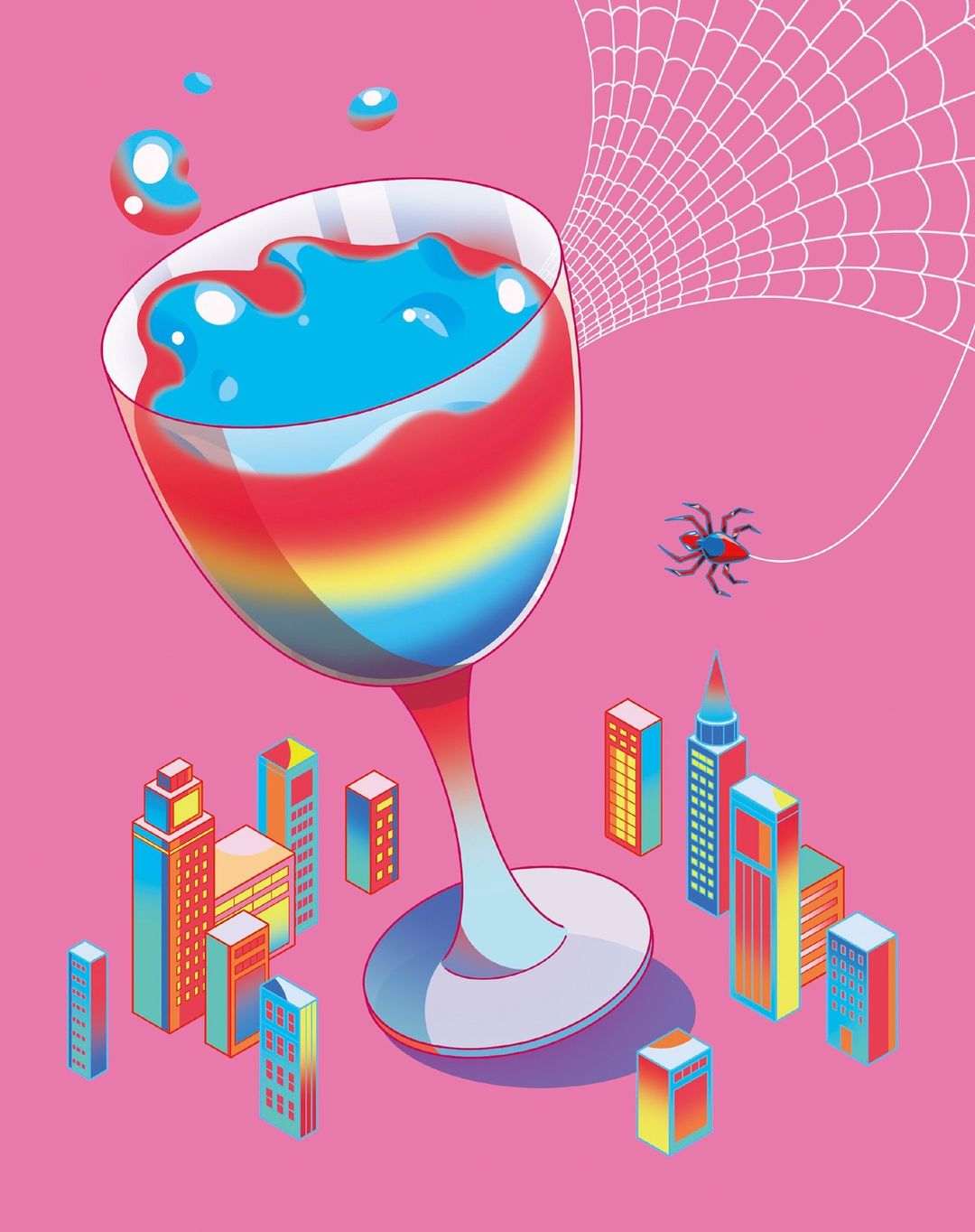 Illustration of a cocktail in a glass with colorful liquid and buildings on a pink background, featuring a spiderweb and spider.