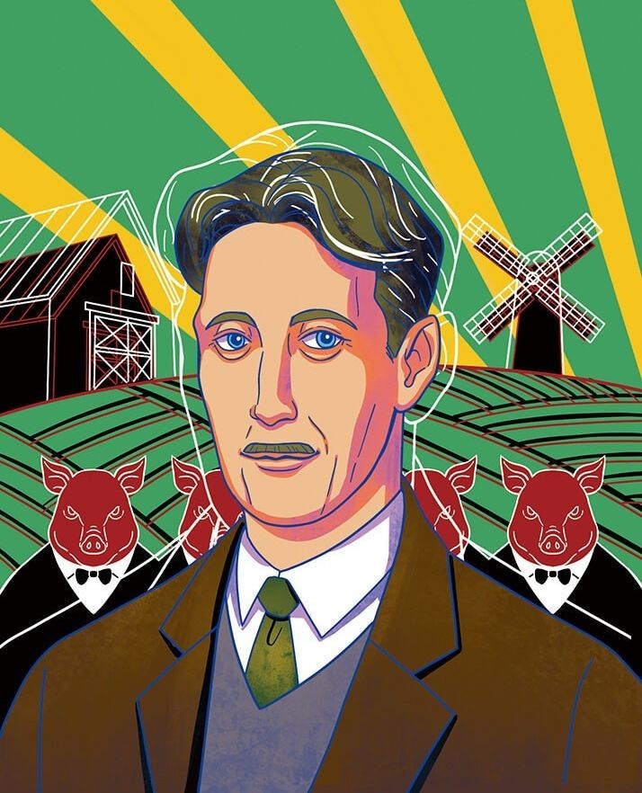 Illustration of a man in a suit with a rural farm scene backdrop featuring a barn, windmill, green fields, and pigs in tuxedos.