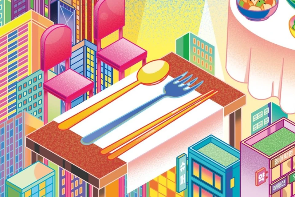 Isometric illustration of a dining table with a spoon, fork, and chopsticks in an urban setting with colorful buildings.