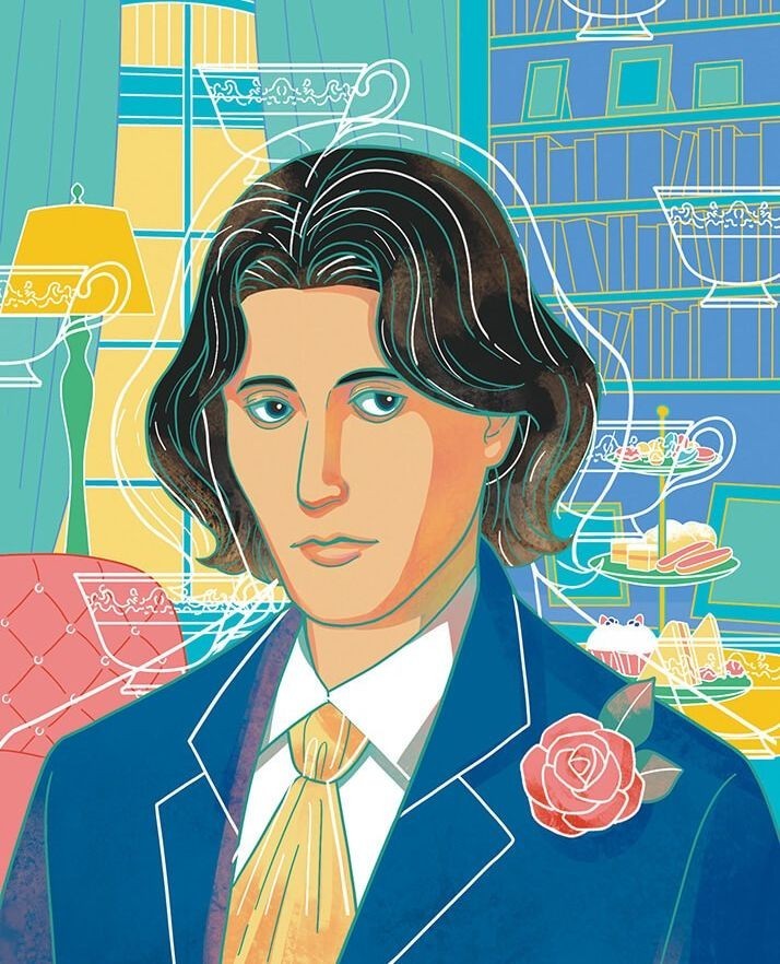 Illustration of a person in a blue suit with a yellow tie and a rose on the lapel, set against a background of furniture and shelves.